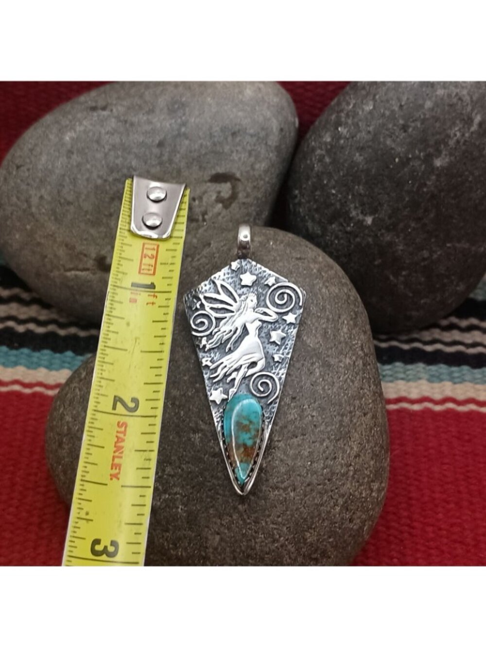 Whimsical Handmade Sterling Silver Fairy Pendant Necklace Turquoise Moon Stars - Picture 4 of 7